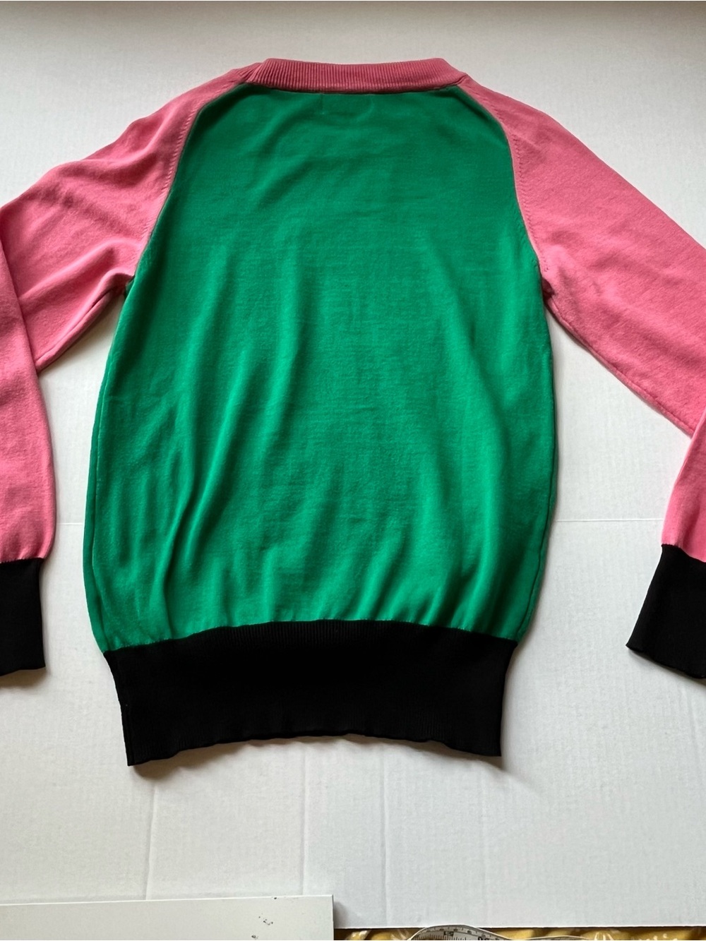 Pink Leopard Knit Sweater Green Colorblock Cotton Cottagecore Maximalist - Picture 6 of 7